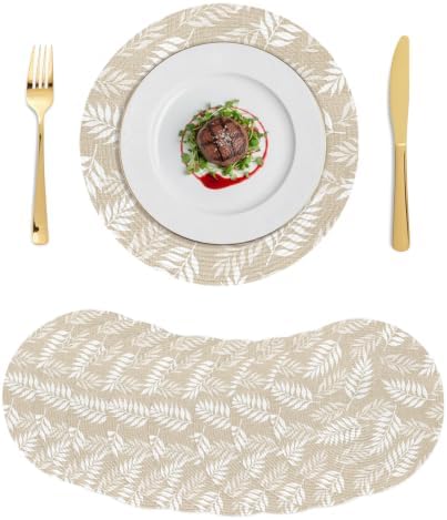 Cream Fronds Round Braided Placemats Set of 8, Beige Leaf Plant Canvas