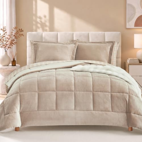 Plush Queen Comforter Set Light Taupe Flannel Velvet Bedding Sets