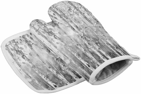 Quilted Cotton Terry Cloth Oven Mitt, Pot Holder Branch Grey Leaves