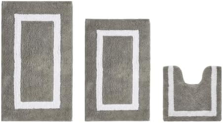 TRP Cotton Tufted Gray White Bathroom Rugs Sets 3 Piece