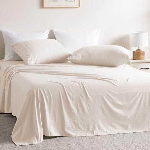 4 Piece Queen Bed Sheet Set, Washed Fitted Sheet, Flat Sheet,2