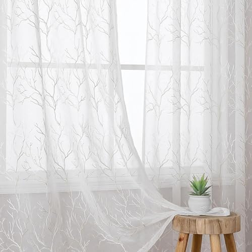 VISIONTEX White Sheer Curtains Beige Coral Branch Embroidered