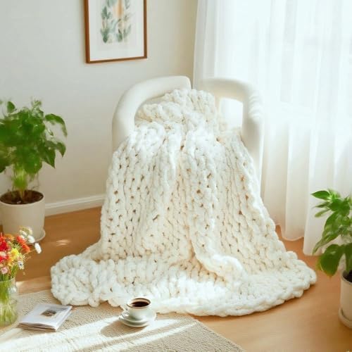 Handmade Chunky Knit Blanket, Cosy Chenille Throw (Cream, Throw