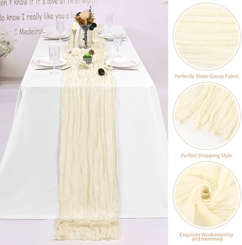 YMHPRIDE 8 Pack Ivory Table Runner 20x120 inch Cheesecloth Table