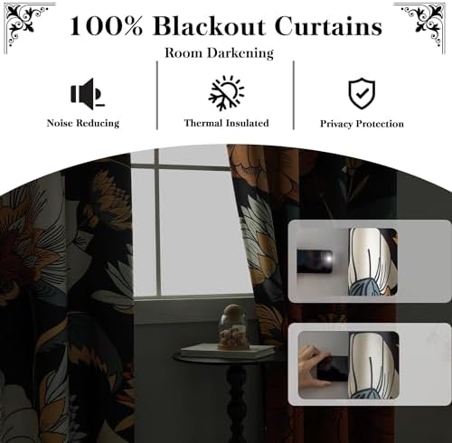 Tyrot Black Boho Floral Grommet Blackout Curtains, 52W x 96L, 2 Panels