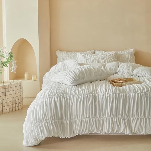 Cream Ruched Twin XL Duvet Cover, Vintage Boho Textured, Zipper & Ties