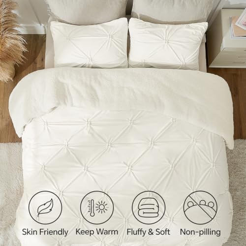 BEDELITE Fluffy Sherpa King Comforter Set,Pintuck-Cream