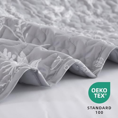 JANZAA Quilts Queen Size, Grey Qulit Set Bedspread Floral Bedding Set
