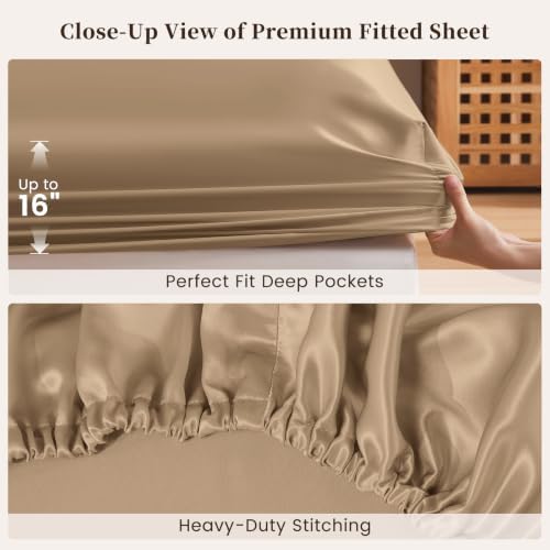 THXSILK 100% 6A+Mulberry Silk Deep-Pocket Fitted Sheet Taupe Cal. King