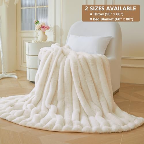 MEGO Fluffy Faux Rabbit Fur Ribbed Throw Blanket 50"x60", Beige