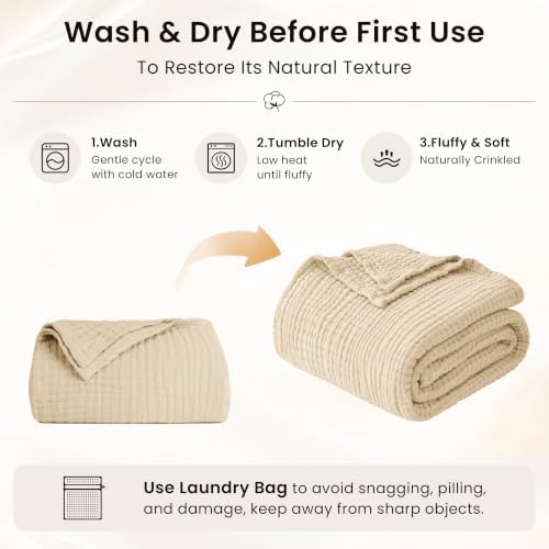 Love's cabin 100% Cotton Muslin Blanket Large Throw for Couch, Khaki