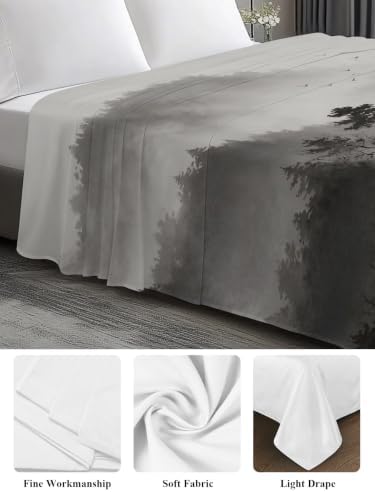 Cal King Size Flat Sheet Only, Foggy Forest Mountain Tree Boat on Lake