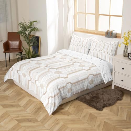 jejeloiu Geometric Duvet Cover King Size Boys Girls Beige Striped