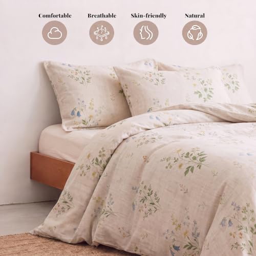 Linen Cotton Duvet Cover Set Queen Size, Green Floral Bedding Set