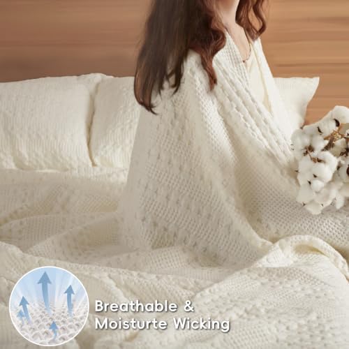 PHF Lightweight 100% Cotton Waffle Blanket for Bed, Queen, Ivory