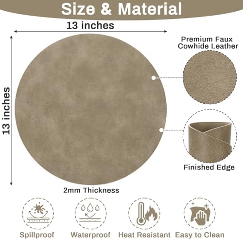 SHACOS Faux Leather 13" Round Placemats Set of 6 Heat Resistant, Khaki
