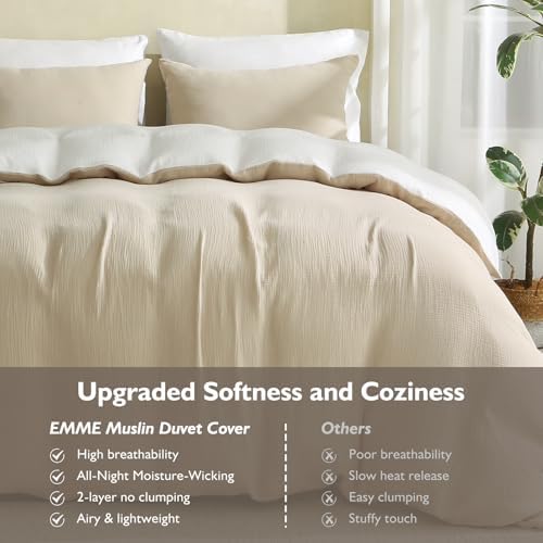 EMME Muslin Cotton Duvet Cover Set Linen Like Beige&White Queen