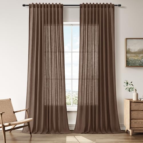 Nanspring Linen Curtains 96 Inch Long for Bedroom Hook Belt Caramel