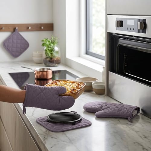 Oven Mitts Heat Proof Cotton Non Slip Kitchen Oven Gloves (Gray)