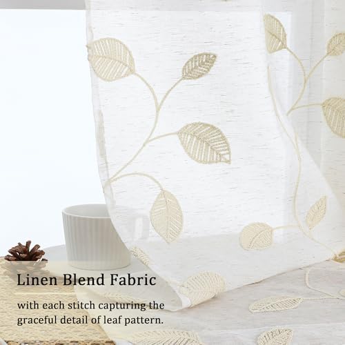 OVZME Natural Sheer Curtains 63 Inch Length 2 Panels Set, Leaf