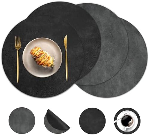 Round Placemats and Coasters Set of 4, Washable Reversible Faux
