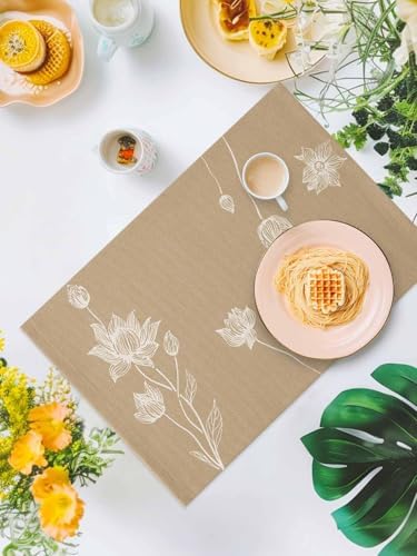 Beige White Floral Placemats for Dining Table Set of 4, Abstract Art