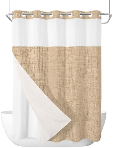 Light Tan Linen Weave No Hook Shower Curtain with Snap in Liner