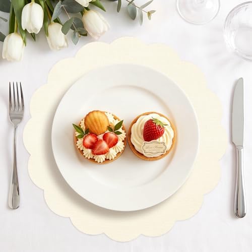 Soleebee 12 Pack Disposable Placemats, Beige Scalloped 13 Inch Table