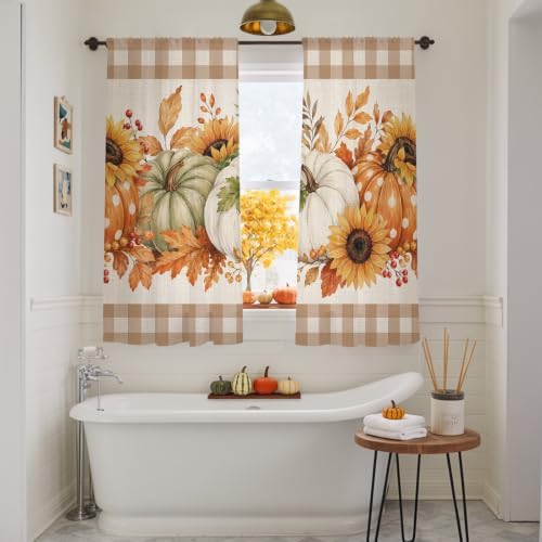 Savannan Semi Sheer Curtains Panels, Thanksgiving Pumpkin Brown Plaid