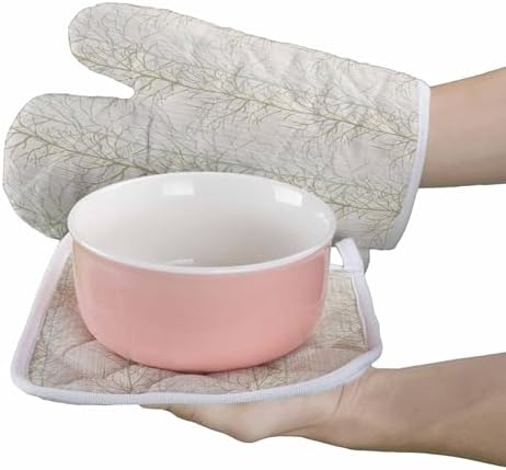 Oven Mitts and Pot Holder Set for Kitchen, Tree Branch Plant Lines