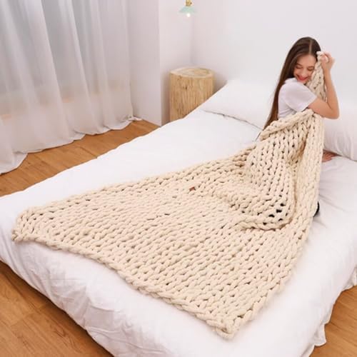 Luxury Chunky Knit Chenille Bed Blanket 50x60 Beige Large Knitted