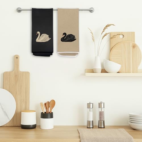 Vintage Black and White Swan Kitchen Towels, Neutral Black and Beige