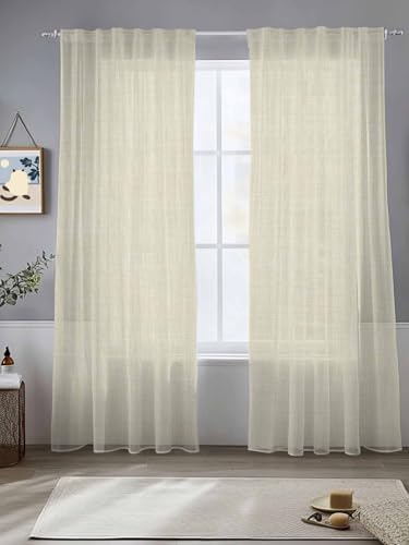 Beige Sheer Curtains 108 Inch Length 2 Panels, Modern Minimalist Linen