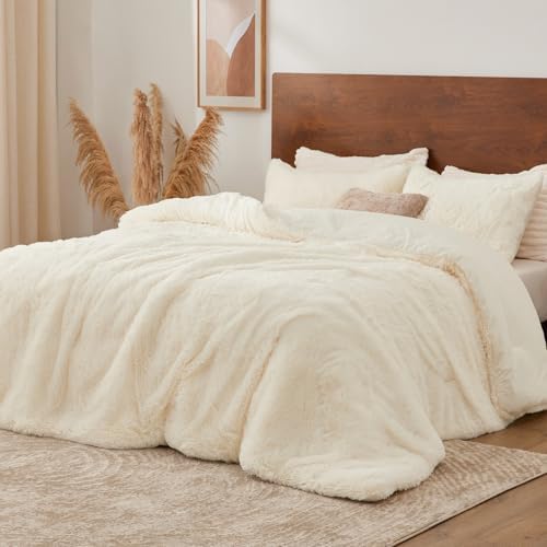 BEDELITE Cream White Fluffy Comforter Set King, Fuzzy Faux Fur
