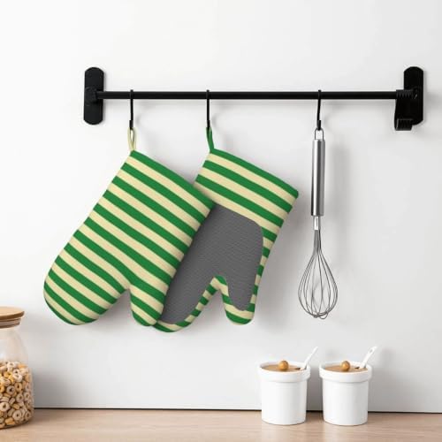 Dark Green and Beige Stripes Oven Mitts 2 Pack Kitchen Heat Resistant