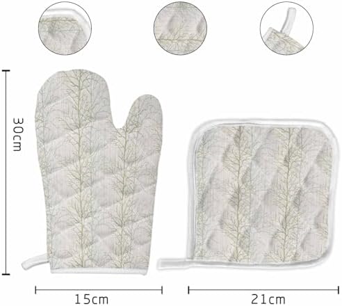 Oven Mitts and Pot Holder Set for Kitchen, Tree Branch Plant Lines