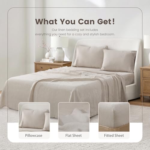 Linen World Queen Size Linen Sheet Set – 4Pcs Solid Color 100% Natural