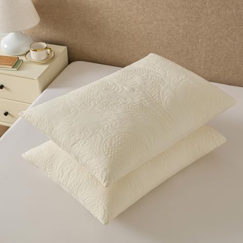 Quilted Pillow Shams Damask Ivory King Set of 2 Embroidered Cotton