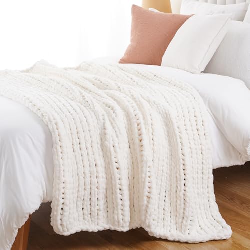 Chunky Knit Throw Blanket for Couch, White Knit Throw Blanket, 50"x60"