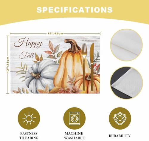 Placemats Set of 8, Fall Thanksgiving Harvest Pumpkins Washable Table