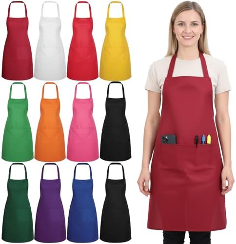 Dimeho Bib Aprons 12 Pcs Bulk, Mixed Color Commercial Apron with 2