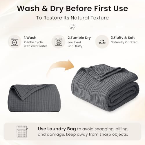 Love's cabin 100% Cotton Muslin Blanket Twin Size for Bed, Dark Grey