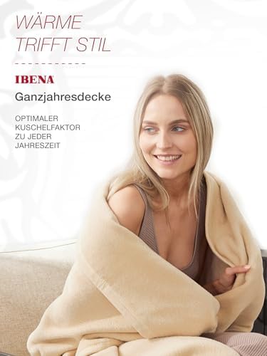 IBENA Plush Solid Color Cotton Blend Queen Bed Blanket Porto - Cream