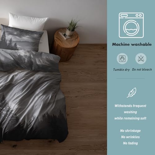 Grey Forest Duvet Cover King Size, Misty Mountain Pattern Bedding Set