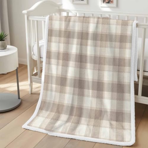 Beige Grid Sherpa Fleece Blanket Farmhouse Cream Buffalo Plaid Gingham