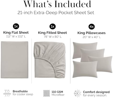 21 Inch Deep Pocket King Sheet Set Hotel Quality Microfiber Light Grey