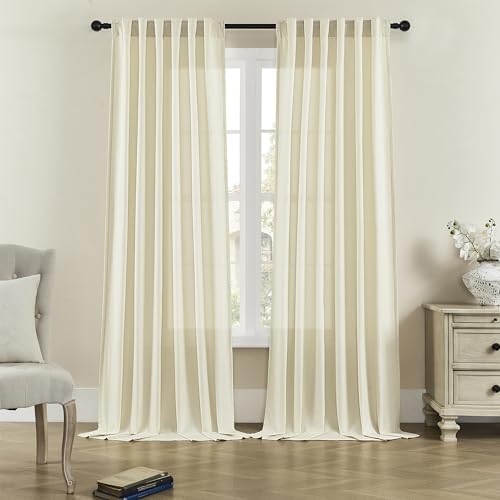 DONREN Cream Linen Curtains 84 Inch Length for Bedroom 2 Panels Back