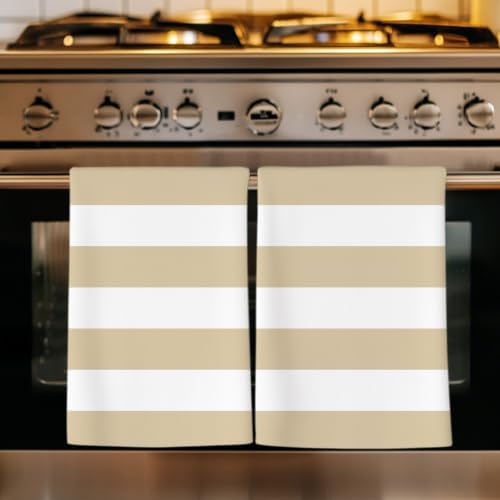 Beige White Striped Kitchen Towels Set of 3, Absorbent Dish Towels for
