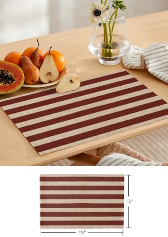 Oatmeal Tan Striped Table Mats Set of 6 with Table Runner 90 Inches