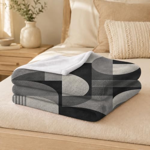 Grey Geometric Abstract Print Throw Blanket, Soft Lightweight Flannel